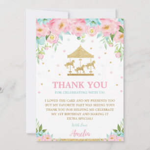 Carousel Merry Go Round Rosa Mint Blommigt Birthda Tack Kort