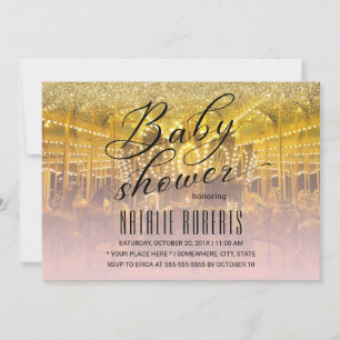 Carousel Modern Guld & Rosa Typography Baby Shower Inbjudningar