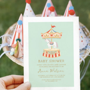 Carousel Pastel Sage Grönt Cute Baby Shower Inbjudningar