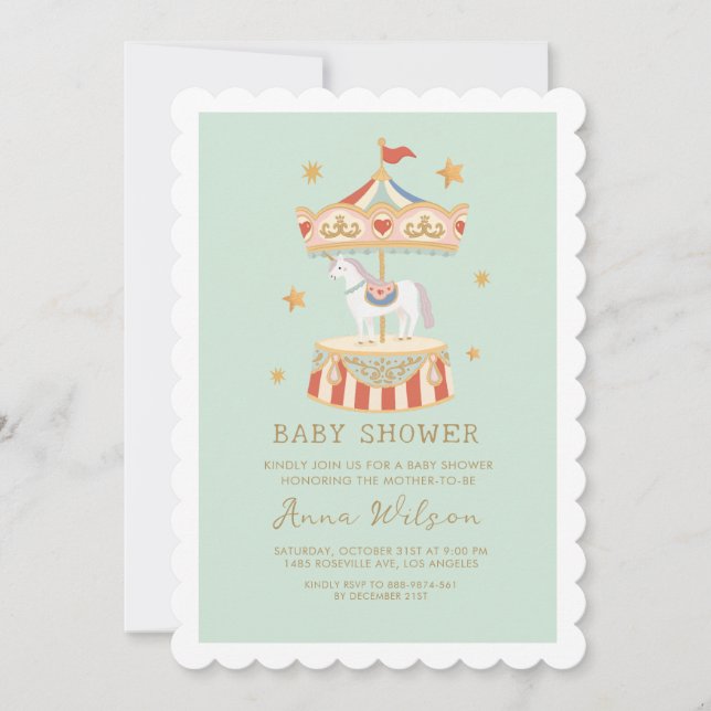 Carousel Pastel Sage Grönt Cute Baby Shower Inbjudningar (Framsida)