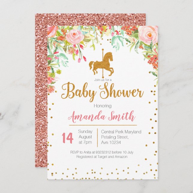 Carousel Ro Guld Baby Shower-inbjudan Inbjudningar (Fram/baksida)