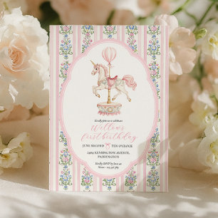 Carousel Rosa Första födelsedagen Inbjudningar