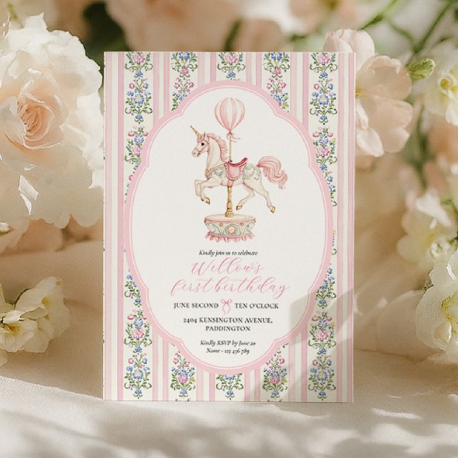 Carousel Rosa Första födelsedagen Inbjudningar (Skapare uppladdad)