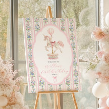 Carousel Rosa Första Födelsedags Välkomstskylt