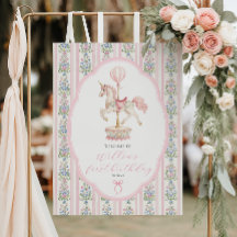 Carousel Rosa Första Födelsedags Välkomstskylt