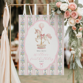 Carousel Rosa Första Födelsedags Välkomstskylt Poster