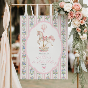 Carousel Rosa Första Födelsedags Välkomstskylt Poster