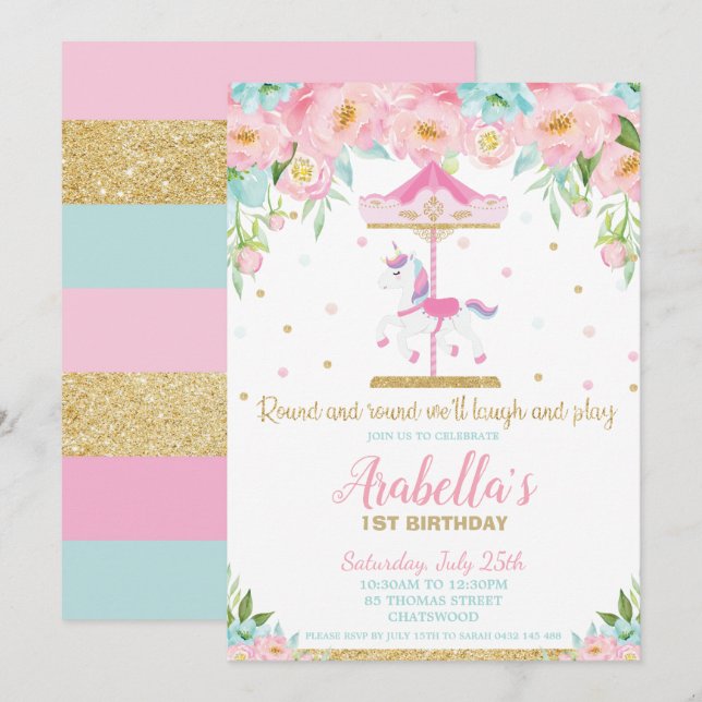 Carousel Unicorn 1st Birthday Rosa Mint Blommigt Inbjudningar (Fram/baksida)