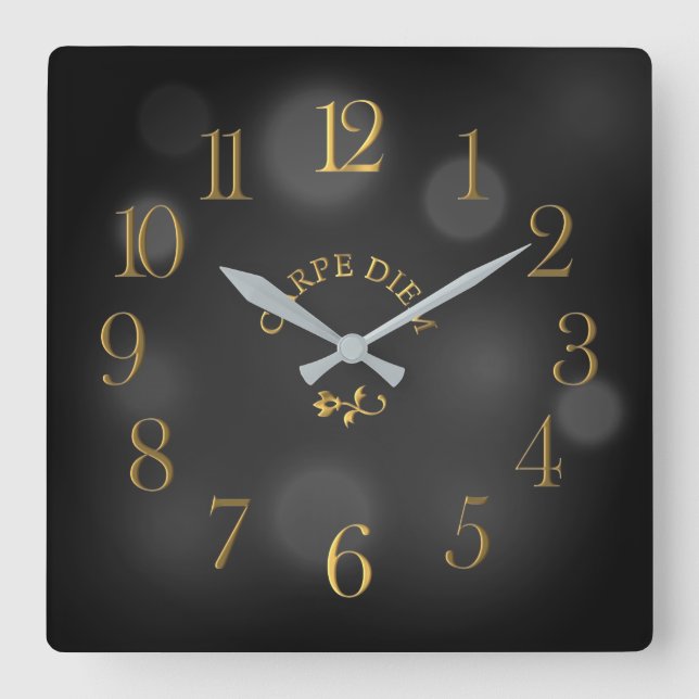 Carpe Diem Black Bokeh Acrylic Wall Clock Fyrkantig Klocka (Framsida)