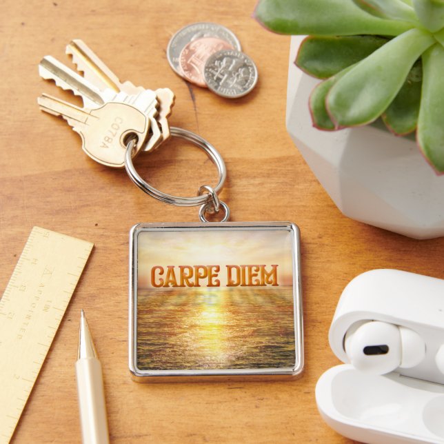 Carpe Diem Fyrkantig Silverfärgad Nyckelring (Skrivbord)