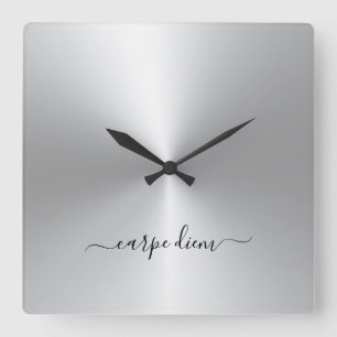 Carpe Diem White Metallic Stil Acrylic Fyrkantig Klocka