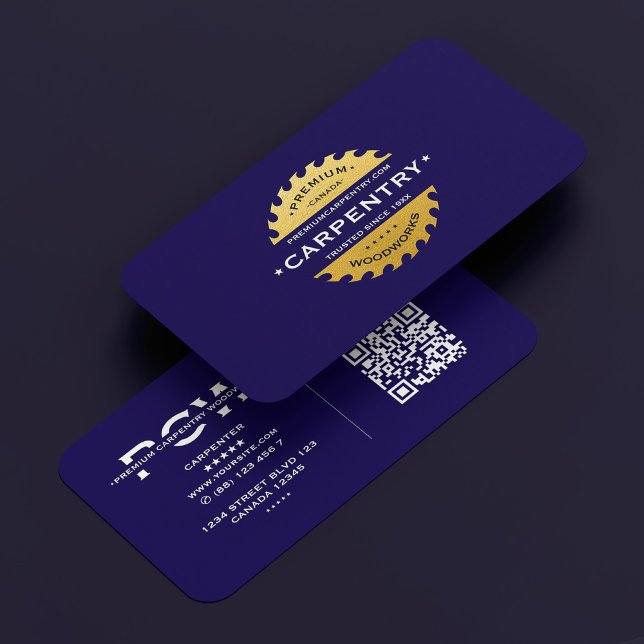 Carpenter Construction Blue Faux Guld Circular Saw Visitkort (Carpenter Construction Dark Blue Gold Circular Saw Business Card
)