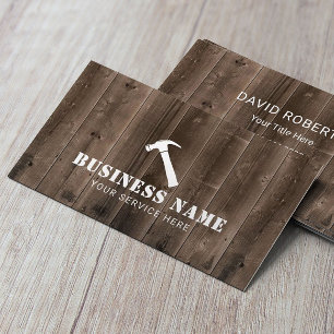 Carpenter Hammer Logotyp Rustic Wood Background Visitkort