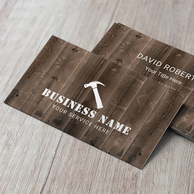 Carpenter Hammer Logotyp Rustic Wood Background Visitkort (Skapare uppladdad)