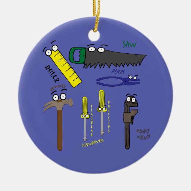 Carpenter Verktyg Whimsical Tecknad Art Julgransprydnad Keramik (Framsidan)