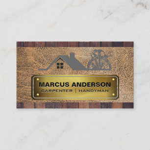Carpentry Logotyp Guld Riveted Plate Träläder Visitkort