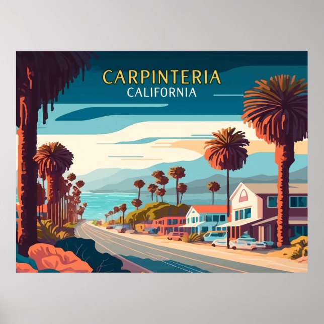 Carpinteria California Sunset Handflatan Träd Retr Poster (Framsidan)
