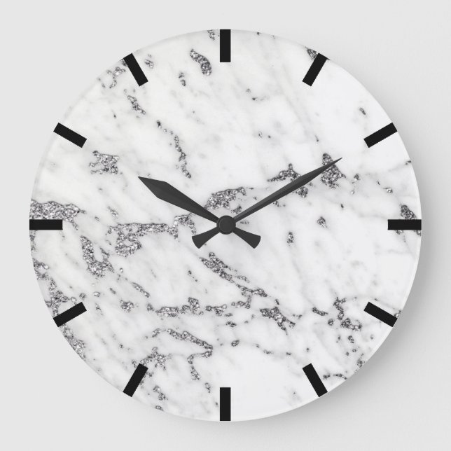Carrara Marble Grått Silver Black White Stone Stor Klocka (Framsida)