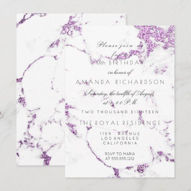 Carrara Vit Marmor Lila Lavendel Glitter Elegant Inbjudningar (Fram/baksida)