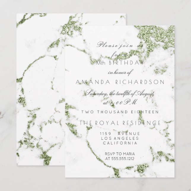 Carrara Vit Marmor Mint Grön Glitter Födelsedag Inbjudningar (Fram/baksida)