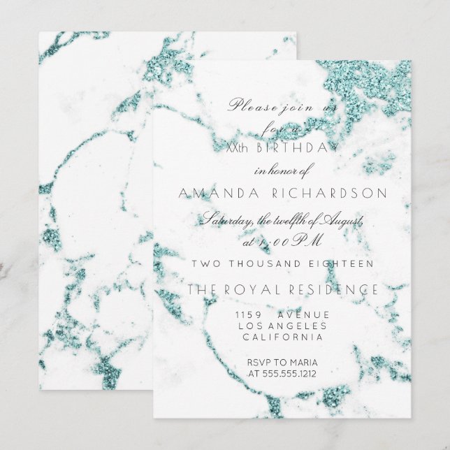 Carrara Vit Marmor Tiffany Aqua Glitter Födelsedag Inbjudningar (Fram/baksida)