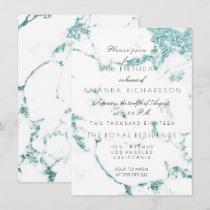 Carrara Vit Marmor Tiffany Aqua Glitter Födelsedag Inbjudningar