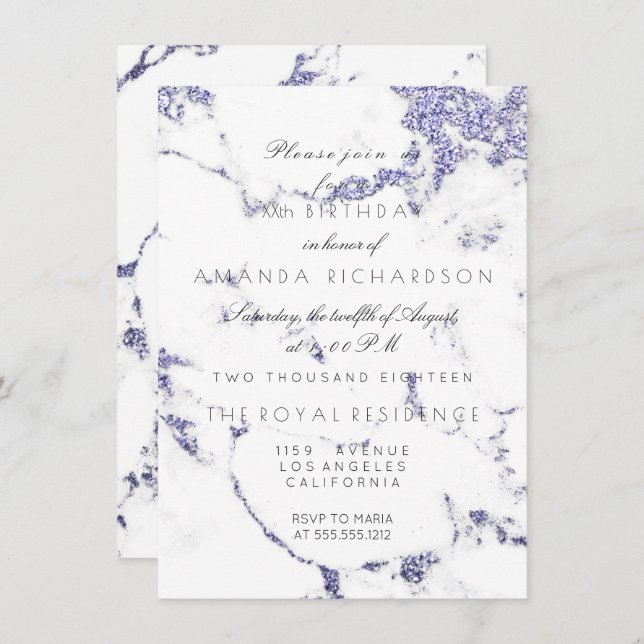 Carrara White Marble Indigo Navy Glitter Elegant Inbjudningar (Fram/baksida)