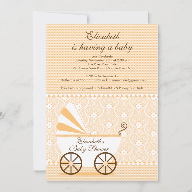 Carriage Baby Shower Inbjudan Peach boy or girl (Framsida)