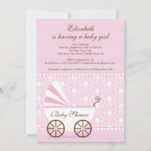 Carriage Baby Shower Inbjudan Rosa Flicka