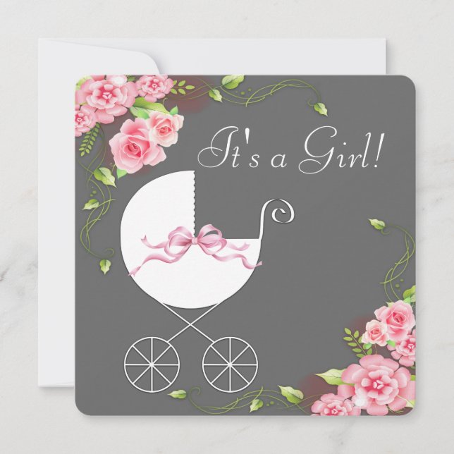 Carriage Grått Rosa ros Baby Shower-inbjudningar Inbjudningar (Framsida)