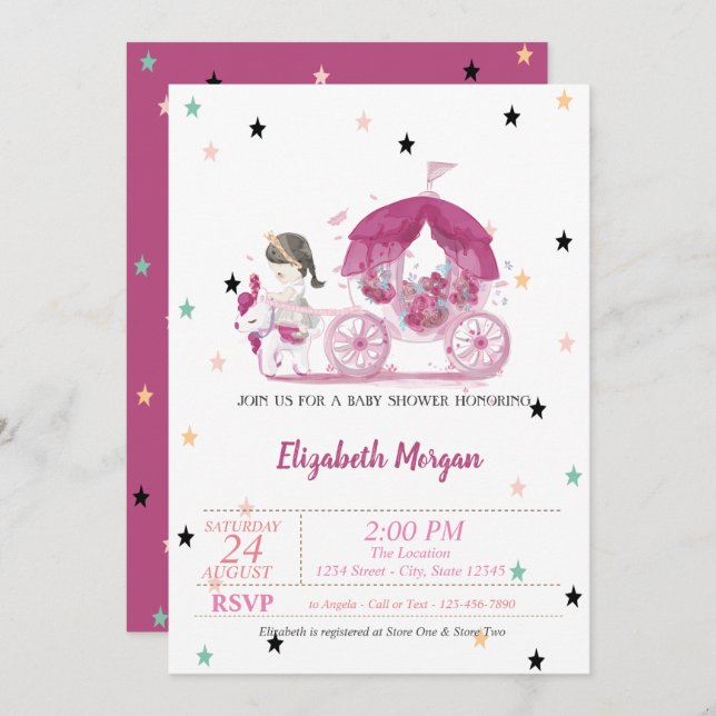 Carriage, Stars, Princess Baby Shower Inbjudningar (Fram/baksida)