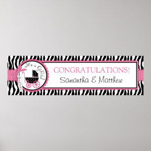 Carriage, Zebra tryck, Shock rosa Baby Shower Bann Poster