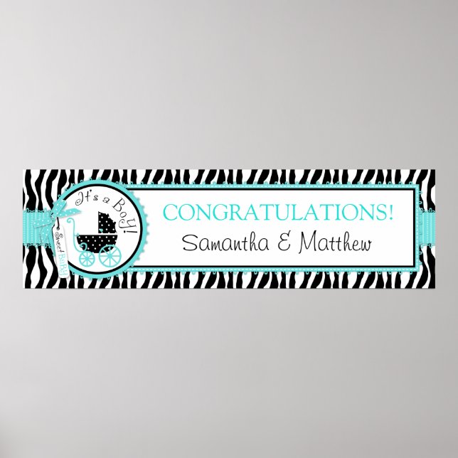 Carriage, Zebra tryck Turcos Baby Shower Banner (Framsidan)
