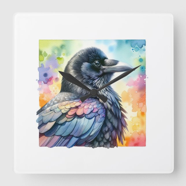Carrion Crow 020924AREF111 - Watercolor Fyrkantig Klocka (Framsida)