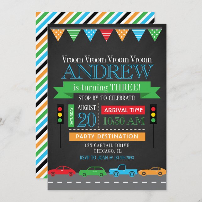 Cars Chalkboard-Födelsedagsfest Inbjudningar (Fram/baksida)