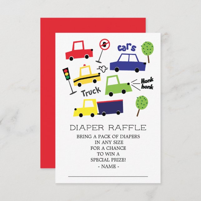 Cars Lastbilar Boy Baby Shower Diaper Raffle Bilje Inbjudningar (Fram/baksida)