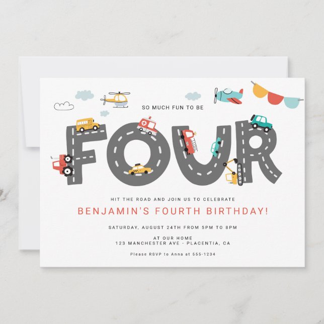 Cars & Lastbilar City Transport FOURTH Birthday Inbjudningar (Framsida)
