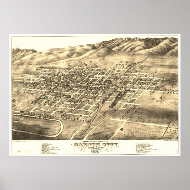 Carson City, NV Circa 1875 "Bird's Öga" Karta Poster (Framsidan)