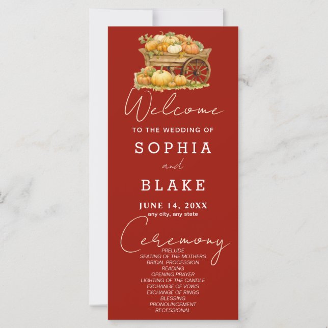 Cart av Pumpkins Fall Cherry Red Bröllopsprogram (Framsida)