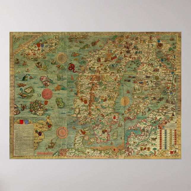 Carta Marina Karta of Skandinavien av Olaus Magnus Poster (Framsidan)