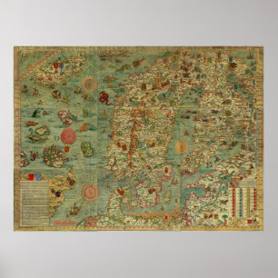 Carta Marinakarta av skandinavien av Olaus Magnus Poster