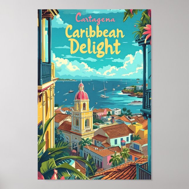 Cartagena Colombia Vintage Art Travel Illustration Poster (Framsidan)