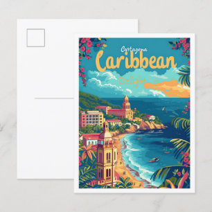 Cartagena Colombia Vintage Art Travel Illustration Vykort