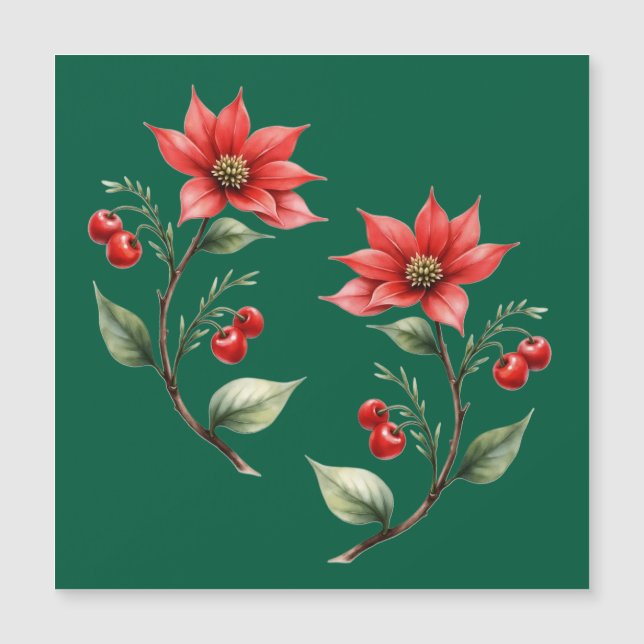 Cartão de Natal magnético verde e Flores Vermelhas (Framsida)