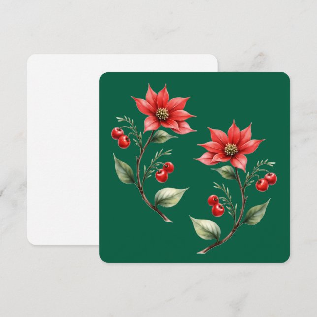 Cartão de Natal verde e Flores Vermelhas (Fram/baksida)