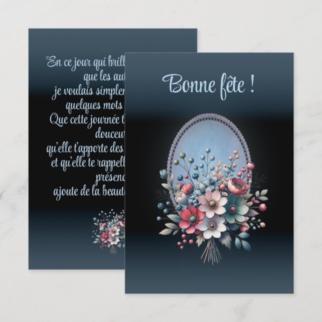 Carte anniversaire simple, Azur fleuri Tack Kort (Fram/baksida)
