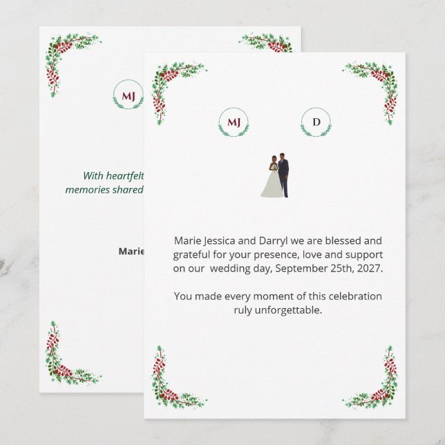 Carte de remerciement mariage tack kort (Fram/baksida)