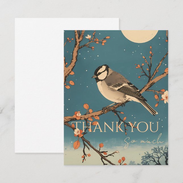 Carte De Remerciements Moonlit Bird on Blossom Bra Tack Kort (Fram/baksida)