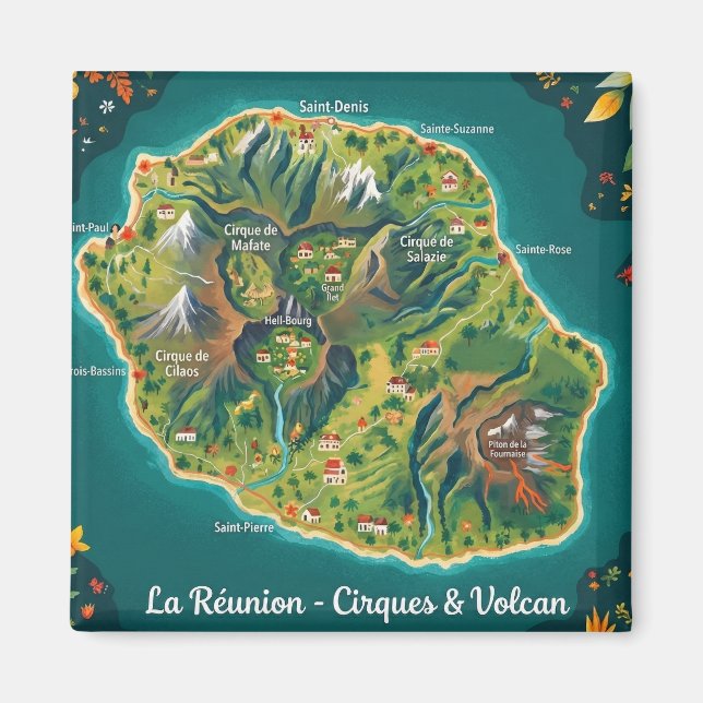 Carte Illustrée La Réunion – Cirques & Volcan Magnet (Framsidan)