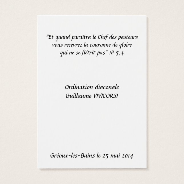 Carte Ordination Diaconat Visitkort (Baksidan)